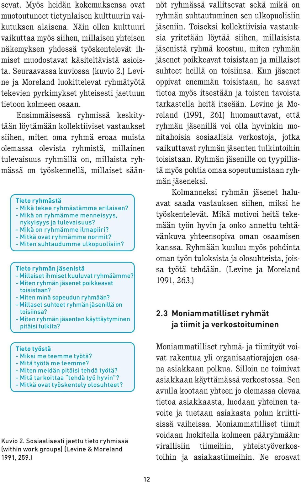 - Millaset suhteet ryhmän jäsenillä on toisiinsa? - Miten ryhmän jäsenten käyttäytyminen pitäisi tulkita? Tieto työstä - Miksi me teemme työtä? - Mitä työtä me teemme?