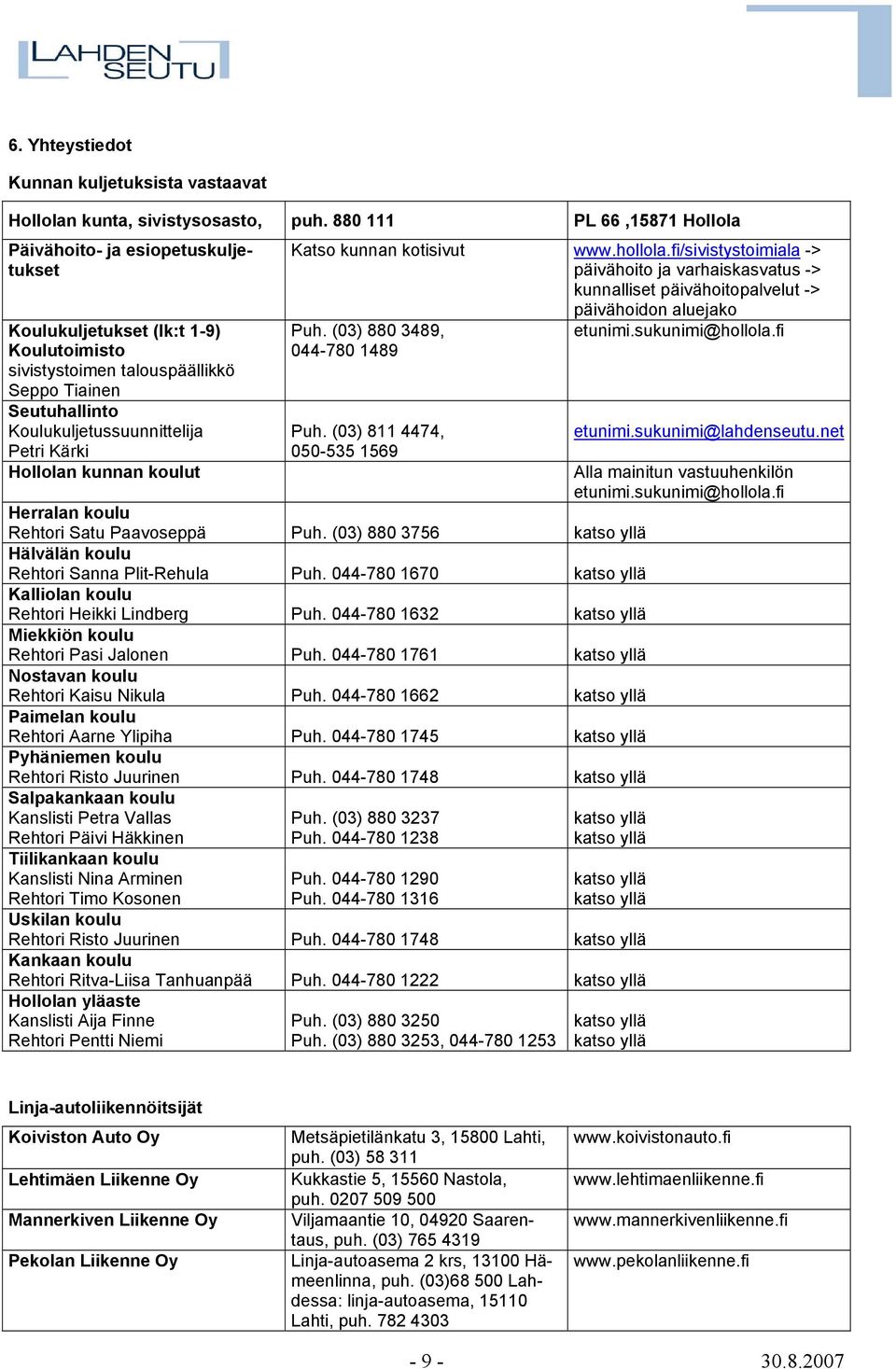 Kärki Hollolan kunnan koulut Katso kunnan kotisivut www.hollola.fi/sivistystoimiala -> päivähoito ja varhaiskasvatus -> kunnalliset päivähoitopalvelut -> päivähoidon aluejako Puh.