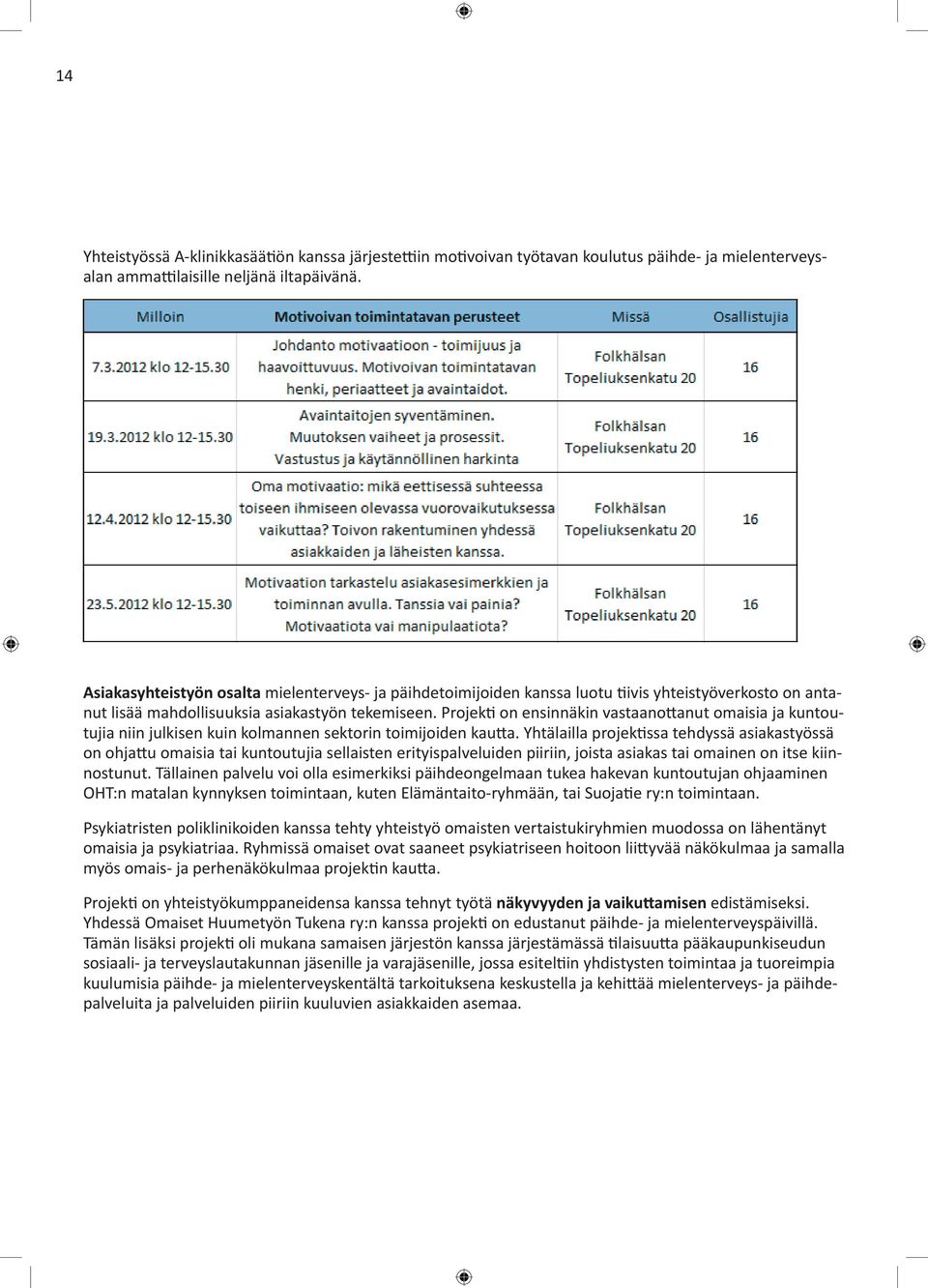 Projekti on ensinnäkin vastaanottanut omaisia ja kuntoutujia niin julkisen kuin kolmannen sektorin toimijoiden kautta.