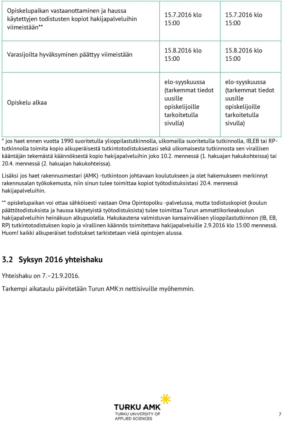 2016 klo 15:00 Opiskelu alkaa elo-syyskuussa (tarkemmat tiedot uusille opiskelijoille tarkoitetulla sivulla) elo-syyskuussa (tarkemmat tiedot uusille opiskelijoille tarkoitetulla sivulla) * jos haet