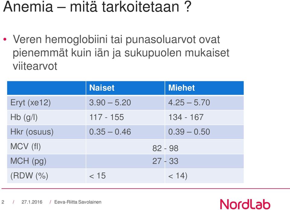 sukupuolen mukaiset viitearvot Naiset Miehet Eryt (xe12) 3.90 5.20 4.