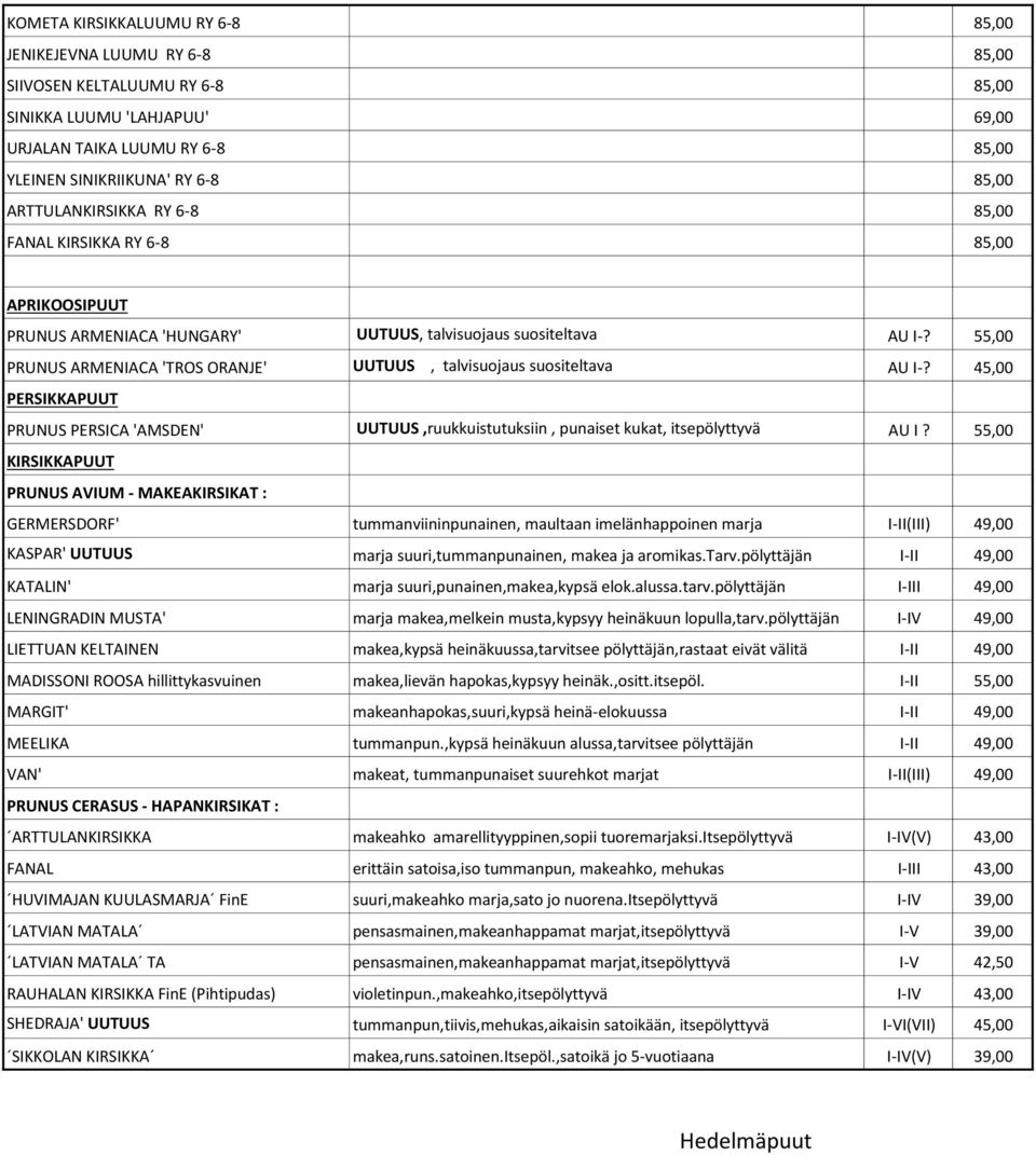 55,00 PRUNUS ARMENIACA 'TROS ORANJE' UUTUUS, talvisuojaus suositeltava AU I-? 45,00 PERSIKKAPUUT PRUNUS PERSICA 'AMSDEN' UUTUUS,ruukkuistutuksiin, punaiset kukat, itsepölyttyvä AU I?