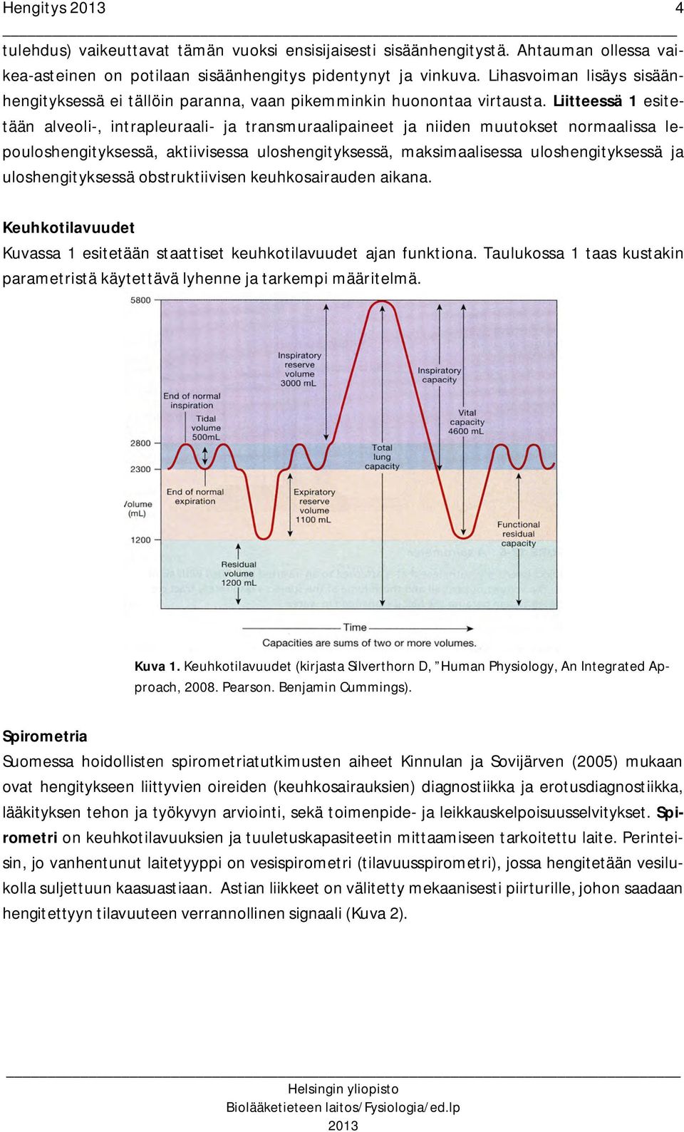 Liitteessä 1 esitetään alveoli-, intrapleuraali- ja transmuraalipaineet ja niiden muutokset normaalissa lepouloshengityksessä, aktiivisessa uloshengityksessä, maksimaalisessa uloshengityksessä ja