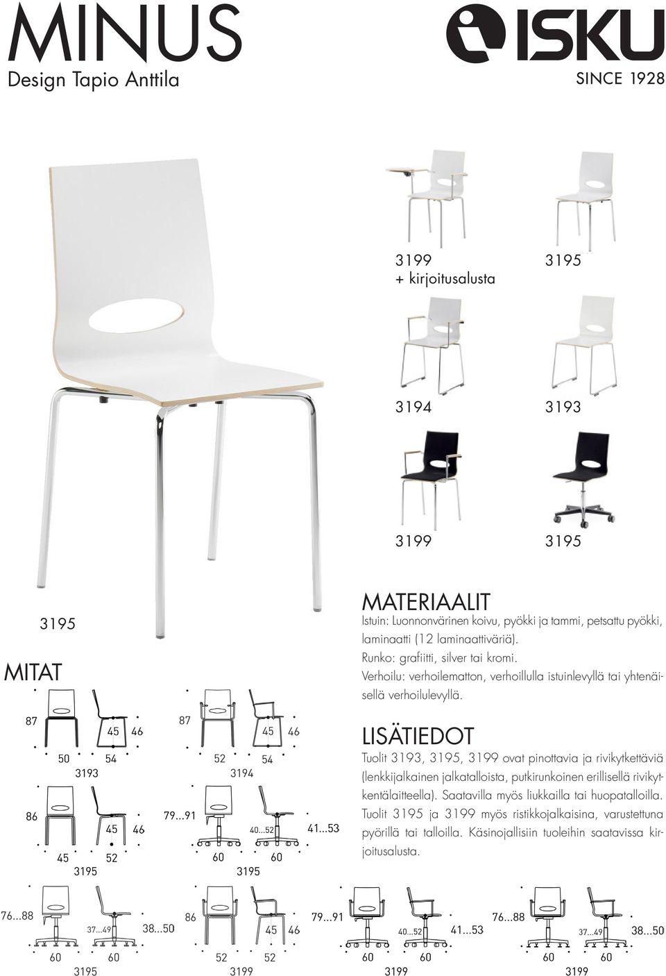 Tuolit 3193, 3195, 3199 ovat pinottavia ja rivikytkettäviä (lenkkijalkainen jalkatalloista, putkirunkoinen erillisellä rivikytkentälaitteella).