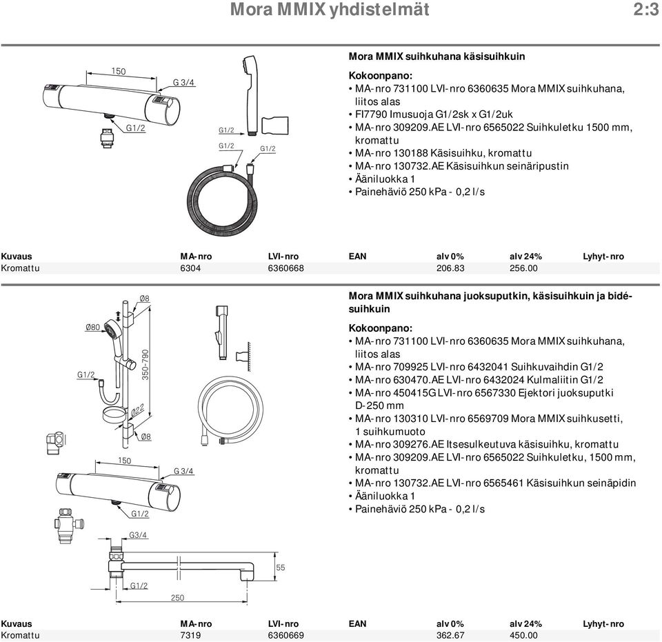 00 Mora MMIX suihkuhana juoksuputkin, käsisuihkuin ja bidésuihkuin Kokoonpano: MA-nro 731100 LVI-nro 6360635 Mora MMIX suihkuhana, liitos alas MA-nro 709925 LVI-nro 6432041 Suihkuvaihdin G1/2 MA-nro