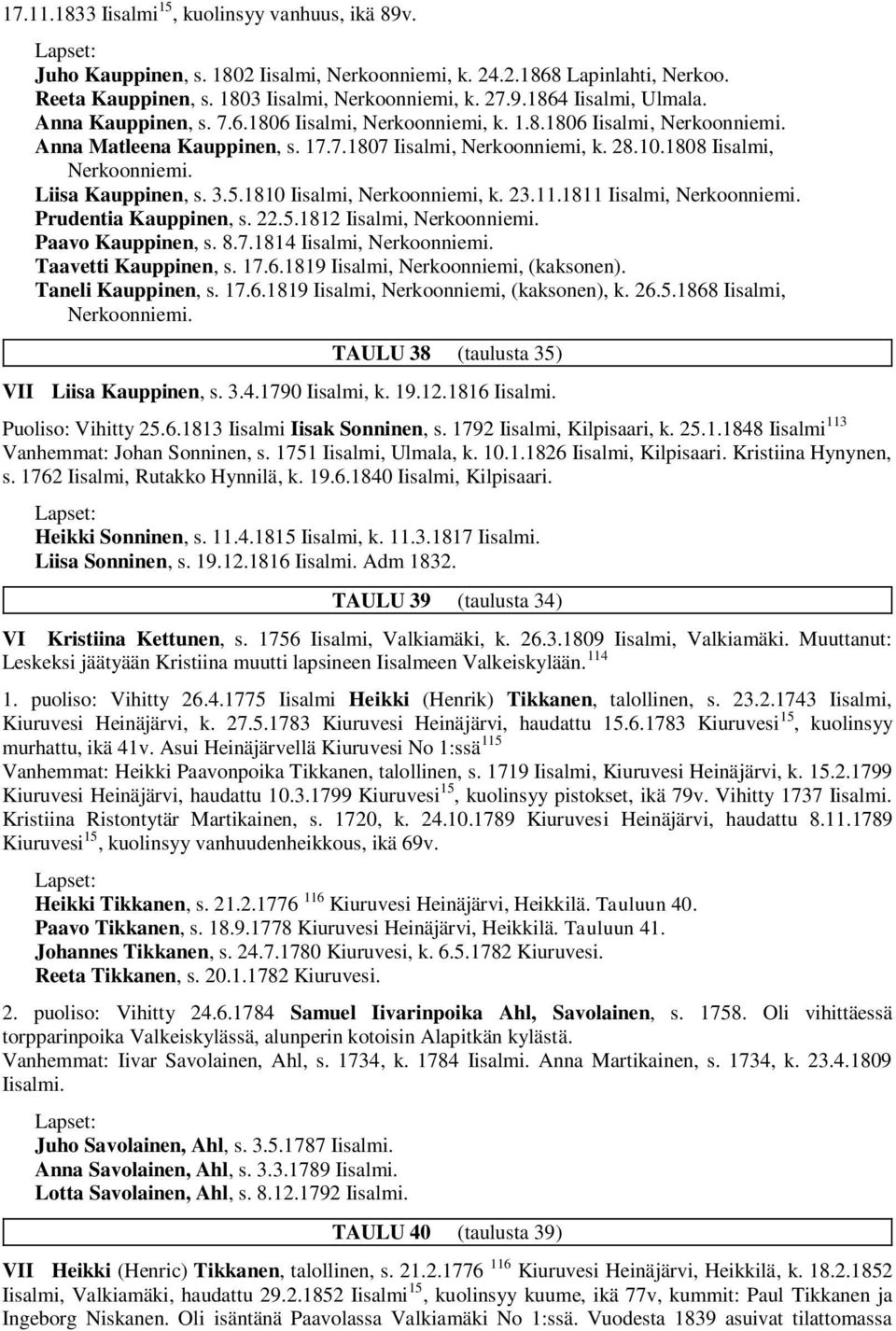 Liisa Kauppinen, s. 3.5.1810 Iisalmi, Nerkoonniemi, k. 23.11.1811 Iisalmi, Nerkoonniemi. Prudentia Kauppinen, s. 22.5.1812 Iisalmi, Nerkoonniemi. Paavo Kauppinen, s. 8.7.1814 Iisalmi, Nerkoonniemi.