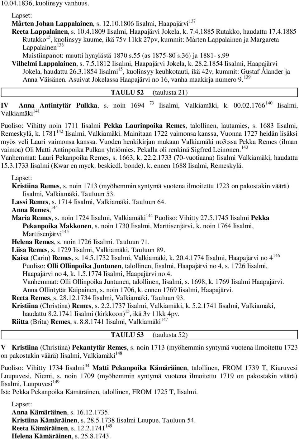 Asuivat Jokelassa Haapajärvi no 16, vanha maakirja numero 9. 139 TAULU 52 (taulusta 21) IV Anna Antintytär Pulkka, s. noin 1694 73 Iisalmi, Valkiamäki, k. 00.02.