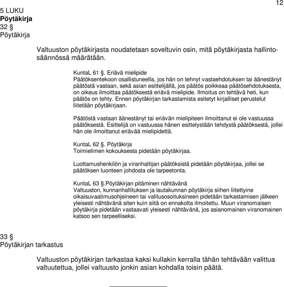 ilmoittaa päätöksestä eriävä mielipide. Ilmoitus on tehtävä heti, kun päätös on tehty. Ennen pöytäkirjan tarkastamista esitetyt kirjalliset perustelut liitetään pöytäkirjaan.