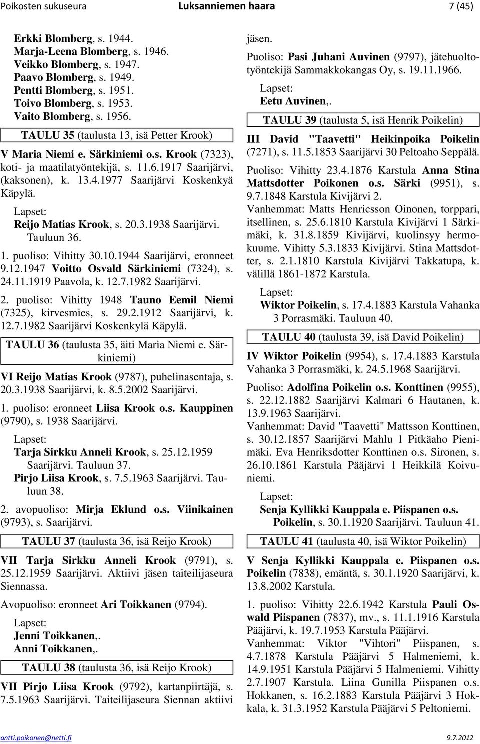 1977 Saarijärvi Koskenkyä Käpylä. Reijo Matias Krook, s. 20.3.1938 Saarijärvi. Tauluun 36. 1. puoliso: Vihitty 30.10.1944 Saarijärvi, eronneet 9.12.1947 Voitto Osvald Särkiniemi (7324), s. 24.11.