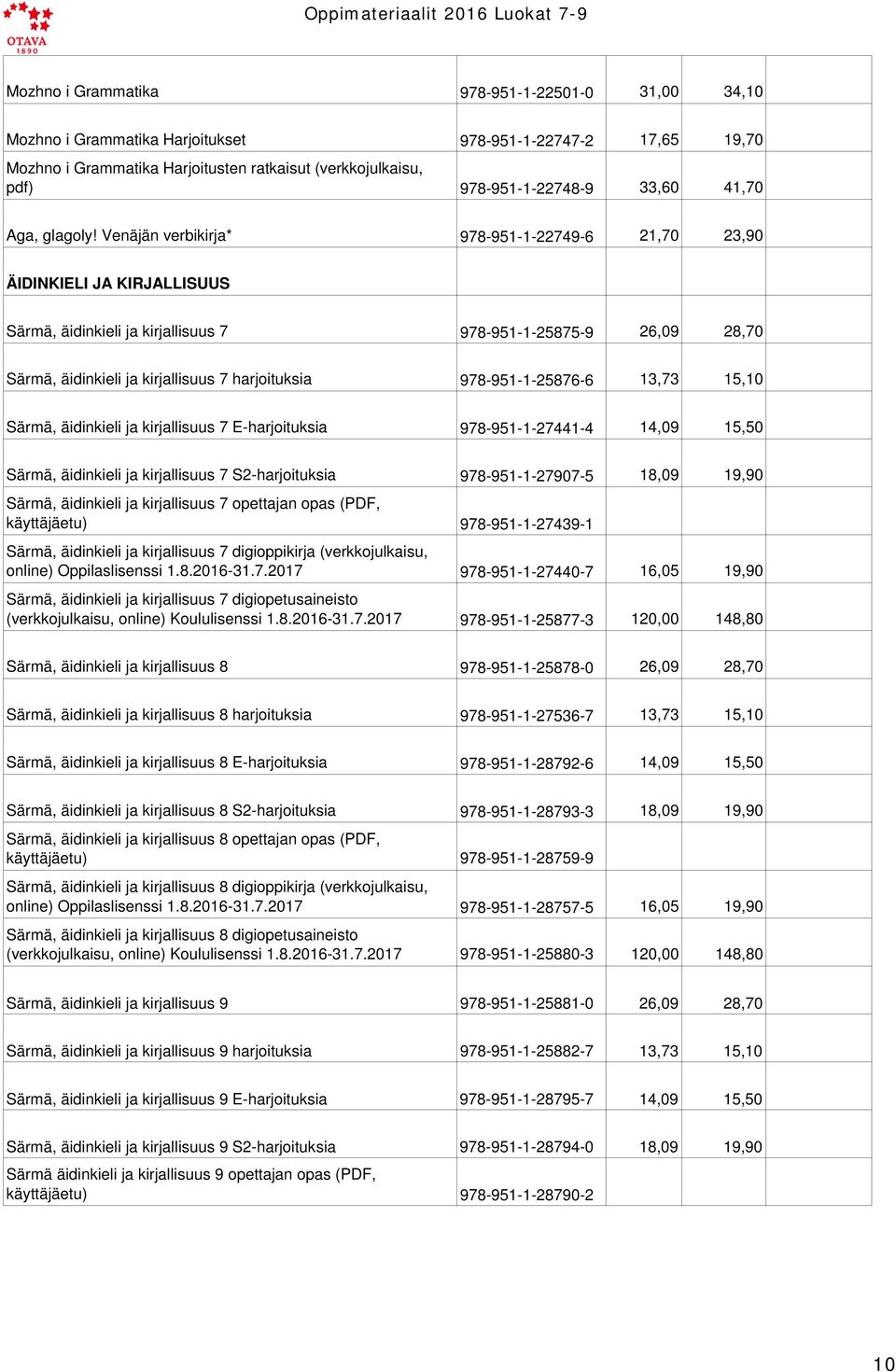 Venäjän verbikirja* 978-951-1-22749-6 21,70 23,90 ÄIDINKIELI JA KIRJALLISUUS Särmä, äidinkieli ja kirjallisuus 7 978-951-1-25875-9 26,09 28,70 Särmä, äidinkieli ja kirjallisuus 7 harjoituksia