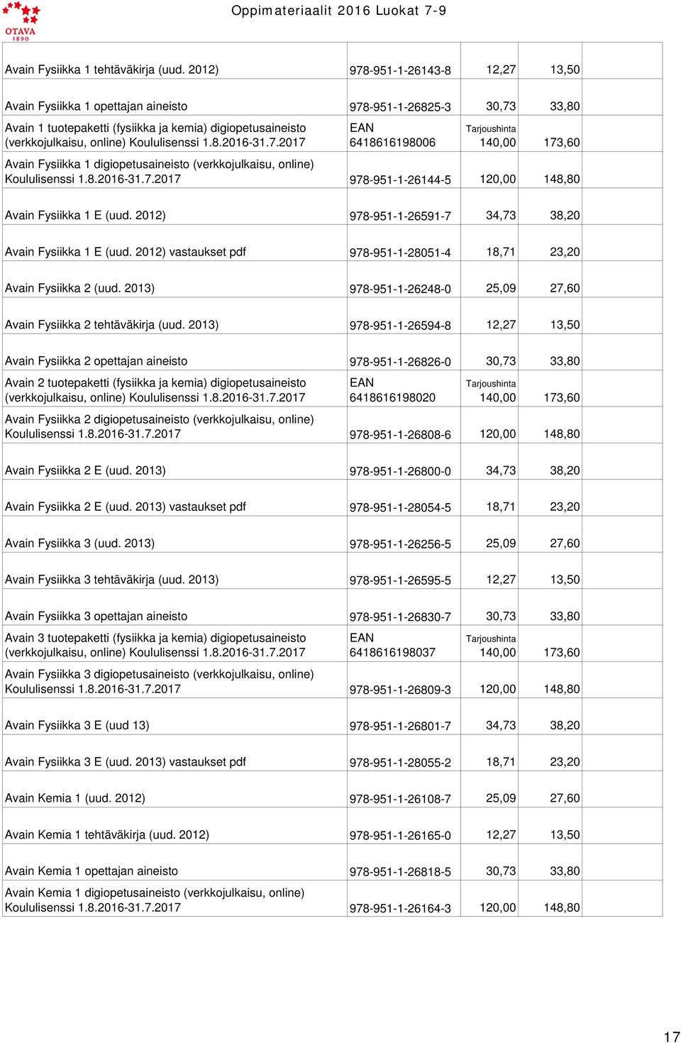 Koululisenssi 1.8.2016-31.7.2017 EAN 6418616198006 Tarjoushinta 140,00 173,60 Avain Fysiikka 1 digiopetusaineisto (verkkojulkaisu, online) Koululisenssi 1.8.2016-31.7.2017 978-951-1-26144-5 120,00 148,80 Avain Fysiikka 1 E (uud.