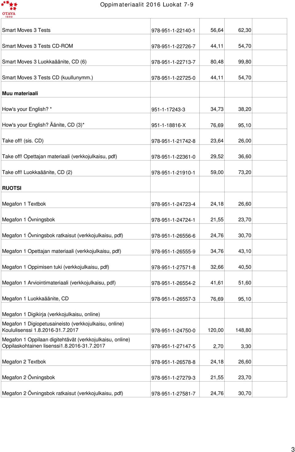 CD) 978-951-1-21742-8 23,64 26,00 Take off! Opettajan materiaali (verkkojulkaisu, pdf) 978-951-1-22361-0 29,52 36,60 Take off!