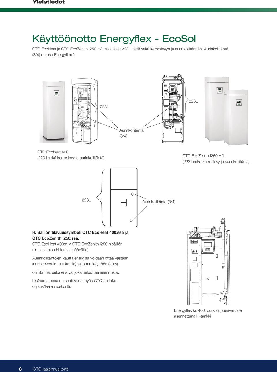 223L H Aurinkoliitäntä (3/4) H. Säiliön tilavuussymboli CTC EcoHeat 400:ssa ja CTC EcoZenith i250:ssä. CTC EcoHeat 400:n ja CTC EcoZenith i250:n säiliön nimeksi tulee (pääsäiliö).