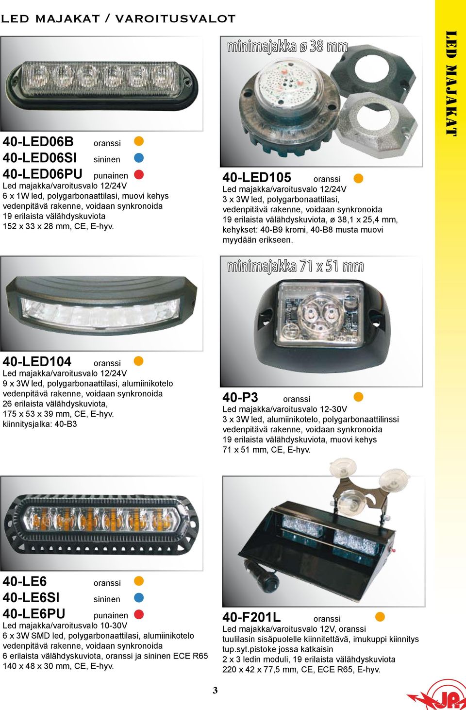 minimajakka 71 x 51 mm 40-LED104 9 x 3W led, polygarbonaattilasi, alumiinikotelo, voidaan synkronoida 26 erilaista välähdyskuviota, 175 x 53 x 39 mm, CE, E-hyv.