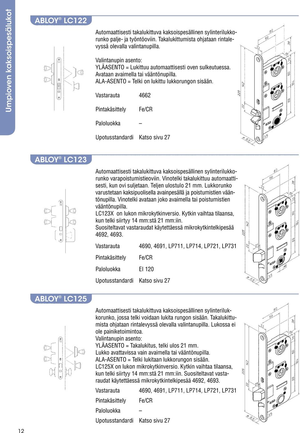 Vastarauta 4662 Upotusstandardi Katso sivu 27 ABLOY LC123 Automaattisesti takalukittuva kaksoispesällinen sylinterilukkorunko varapoistumistieoviin.