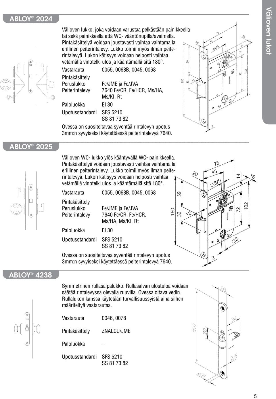 Vastarauta 0055, 0068B, 0045, 0068 Peruslukko Peiterintalevy Symmetrinen rullasalpalukko. Rullasalvan ulostuloa voidaan säätää rintalevyssä olevalla ruuvilla. Ovessa oltava vedin.