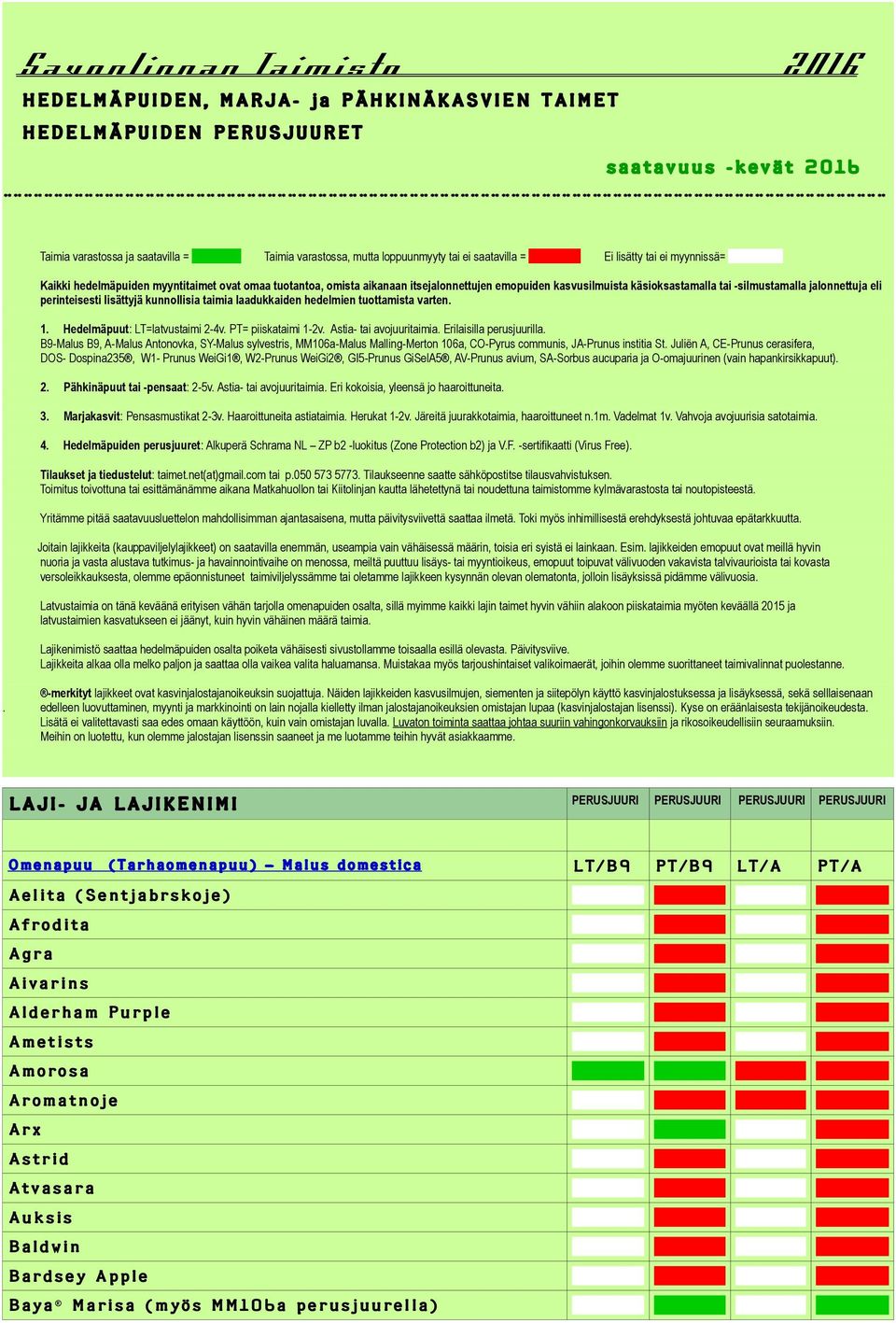 jalonnettuja eli perinteisesti lisättyjä kunnollisia taimia laadukkaiden hedelmien tuottamista varten. 1. Hedelmäpuut: LT=latvustaimi 2-4v. PT= piiskataimi 1-2v. Astia- tai avojuuritaimia.