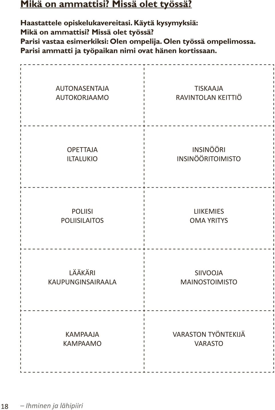 AUTONASENTAJA AUTOKORJAAMO TISKAAJA RAVINTOLAN KEITTIÖ OPETTAJA ILTALUKIO INSINÖÖRI INSINÖÖRITOIMISTO POLIISI POLIISILAITOS