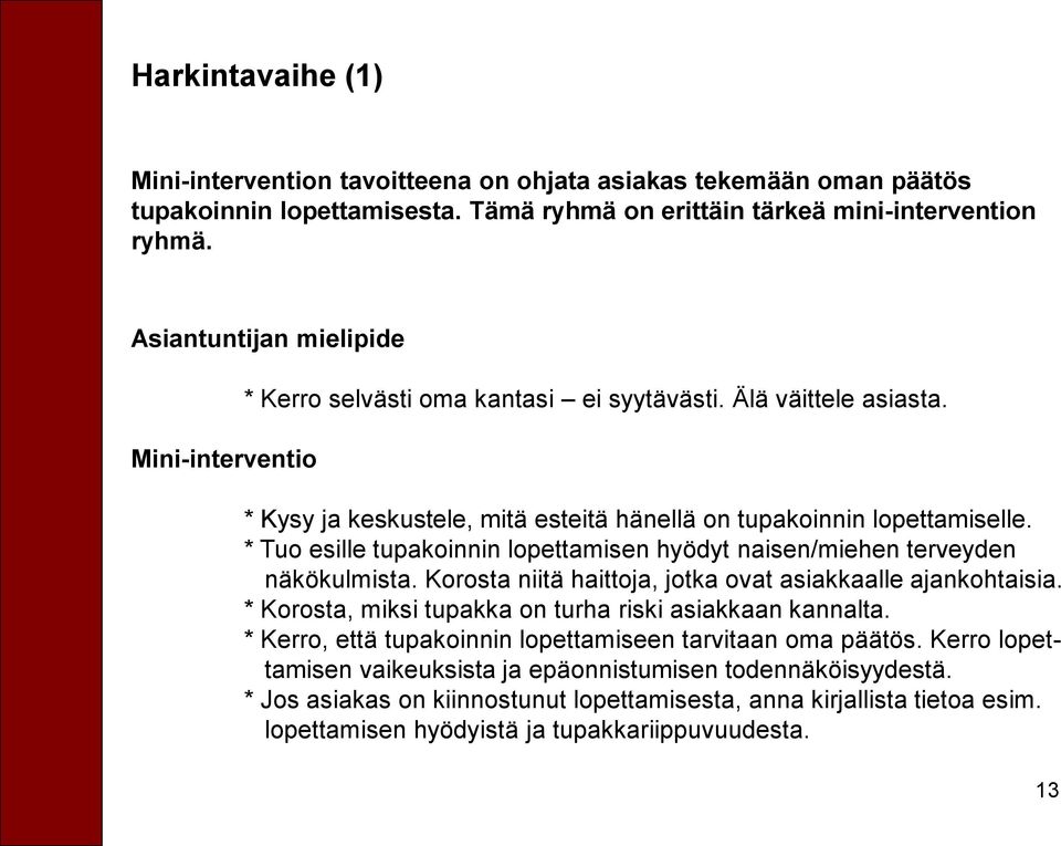 * Tuo esille tupakoinnin lopettamisen hyödyt naisen/miehen terveyden näkökulmista. Korosta niitä haittoja, jotka ovat asiakkaalle ajankohtaisia.