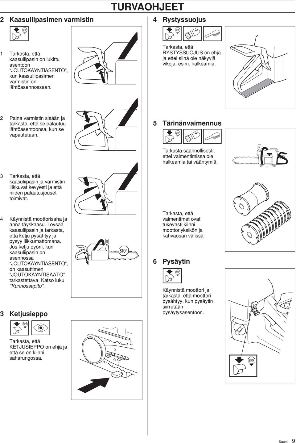 5 Tärinänvaimennus Tarkasta säännöllisesti, ettei vaimentimissa ole halkeamia tai vääntymiä. 3 Tarkasta, että kaasuliipasin ja varmistin liikkuvat kevyesti ja että niiden palautusjouset toimivat.