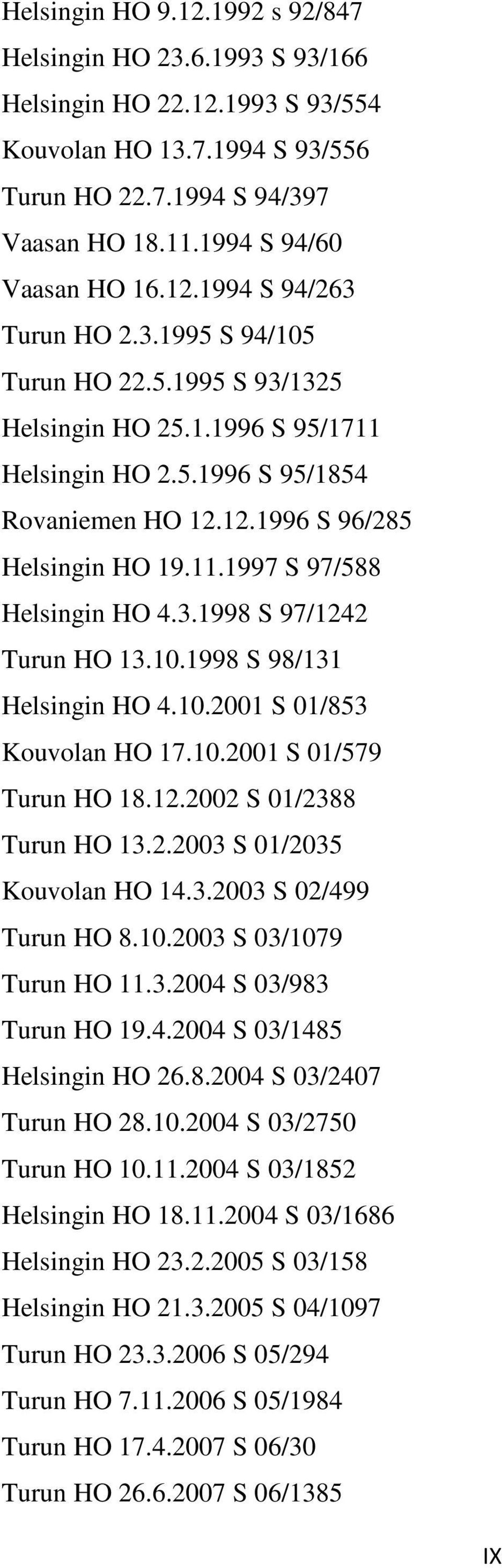 3.1998 S 97/1242 Turun HO 13.10.1998 S 98/131 Helsingin HO 4.10.2001 S 01/853 Kouvolan HO 17.10.2001 S 01/579 Turun HO 18.12.2002 S 01/2388 Turun HO 13.2.2003 S 01/2035 Kouvolan HO 14.3.2003 S 02/499 Turun HO 8.