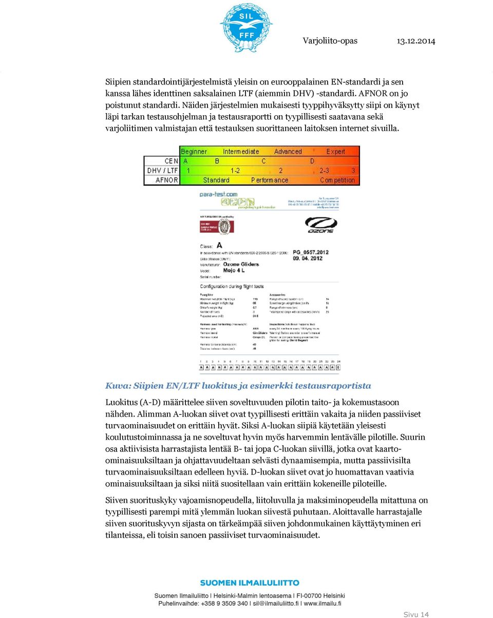 laitoksen internet sivuilla. Kuva: Siipien EN/LTF luokitus ja esimerkki testausraportista Luokitus (A-D) määrittelee siiven soveltuvuuden pilotin taito- ja kokemustasoon nähden.
