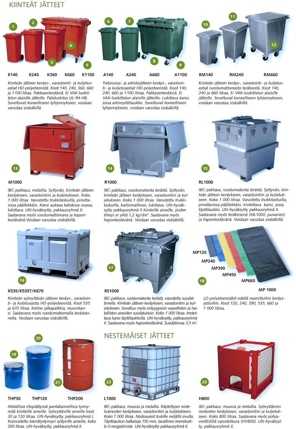 Tietosuoja- ja arkistojätteen keräys-, varastointi- ja kuljetusastiat HD-polyeteenistä. Koot 140, 240, 660 ja 1 100 litraa. Pakkasenkestäviä. Ei VAK-luokittelun alaisille jätteille.