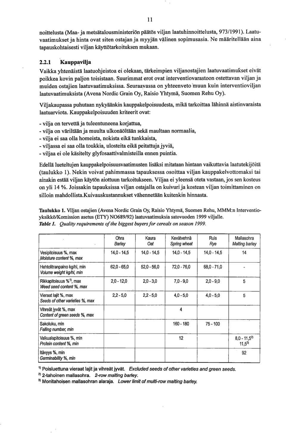 2.1 Kauppgvilja Vaikka yhtenäistä laatuohjeistoa ei olekaan, tärkeimpien viljanostajien laatuvaatimukset eivät poikkea kovin paljon toisistaan.