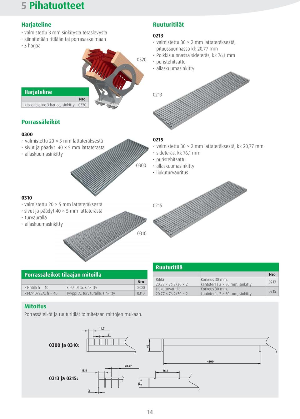 sivut ja päädyt 40 5 mm lattaterästä allaskuumasinkitty 0300 0215 valmistettu 30 2 mm lattateräksestä, kk 20,77 mm sideteräs, kk 76,1 mm puristehitsattu allaskuumasinkitty liukuturvauritus 0310