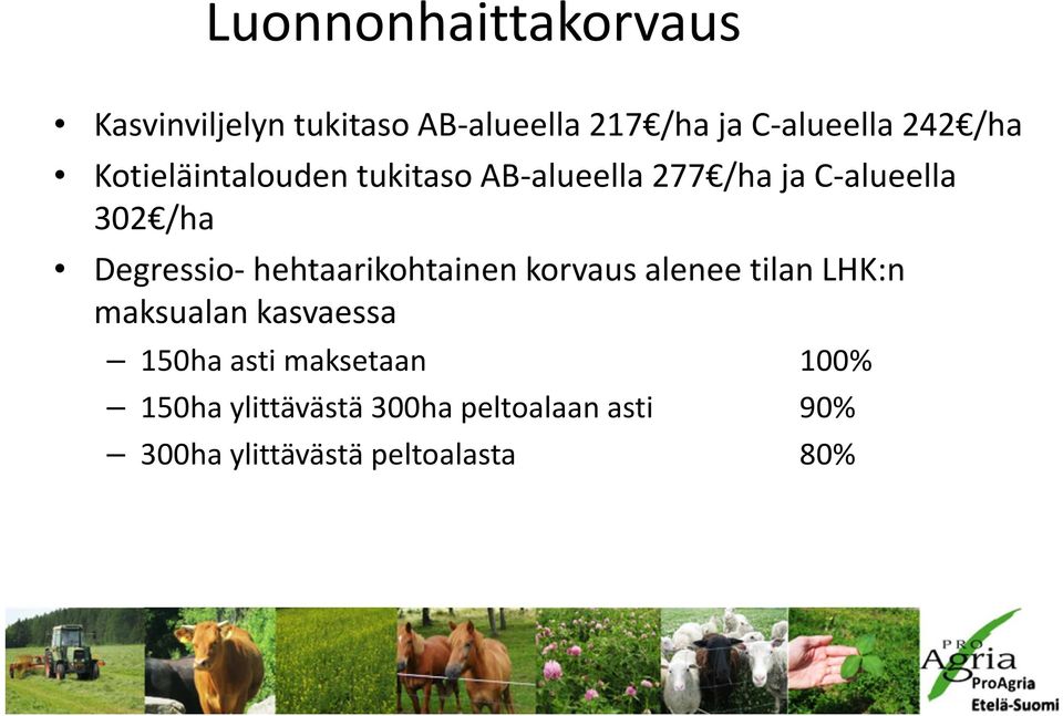 hehtaarikohtainen korvaus alenee tilan LHK:n maksualan kasvaessa 150ha asti