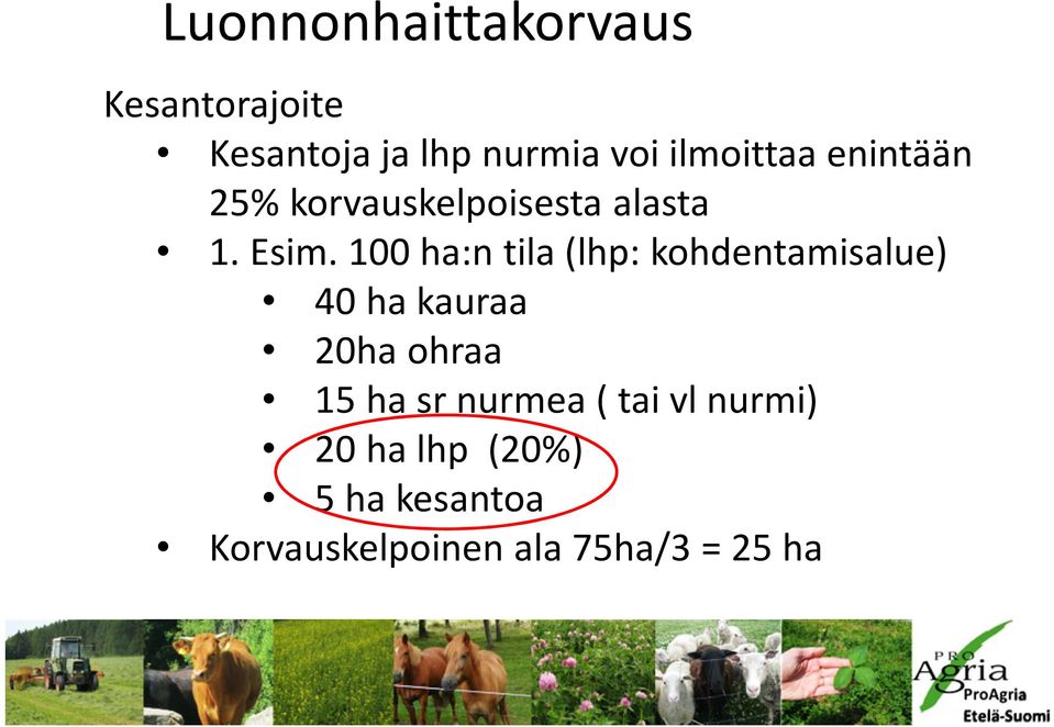 100 ha:n tila (lhp: kohdentamisalue) 40 ha kauraa 20ha ohraa 15 ha