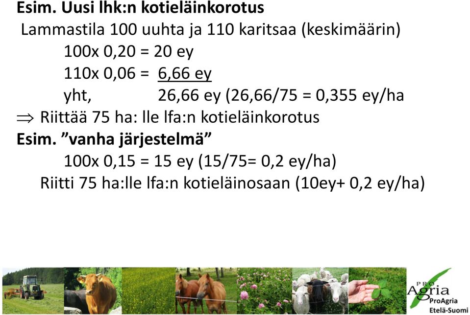 0,355 ey/ha Riittää 75 ha: lle lfa:n kotieläinkorotus Esim.