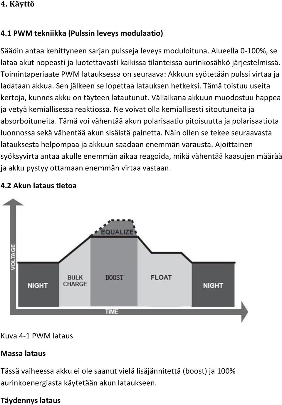 Toimintaperiaate PWM latauksessa on seuraava: Akkuun syötetään pulssi virtaa ja ladataan akkua. Sen jälkeen se lopettaa latauksen hetkeksi.