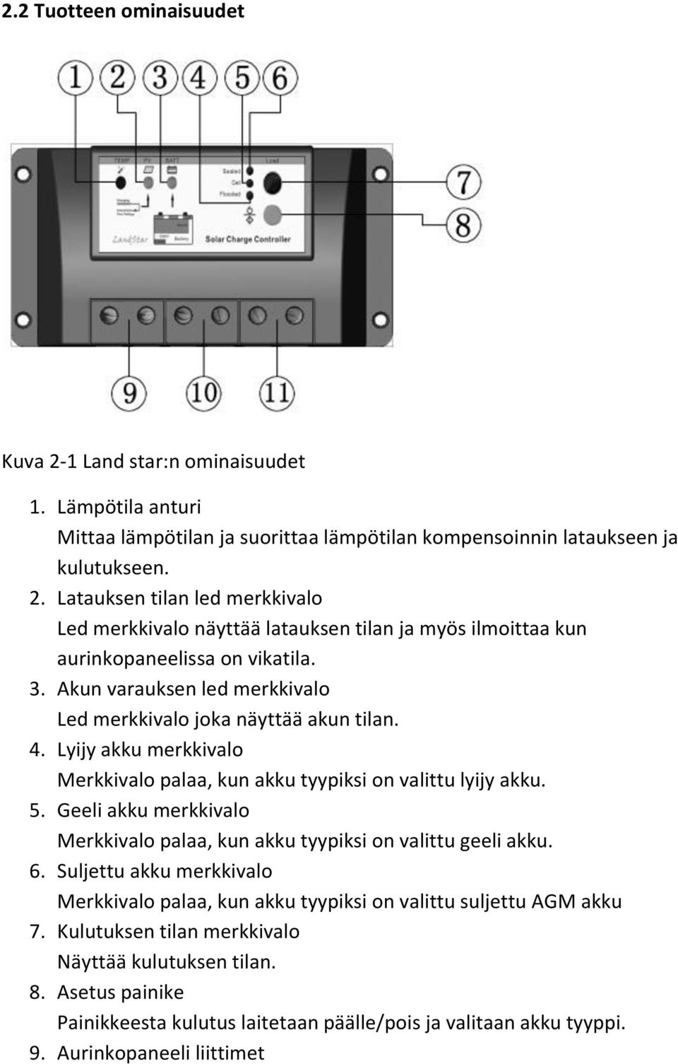 Geeli akku merkkivalo Merkkivalo palaa, kun akku tyypiksi on valittu geeli akku. 6. Suljettu akku merkkivalo Merkkivalo palaa, kun akku tyypiksi on valittu suljettu AGM akku 7.