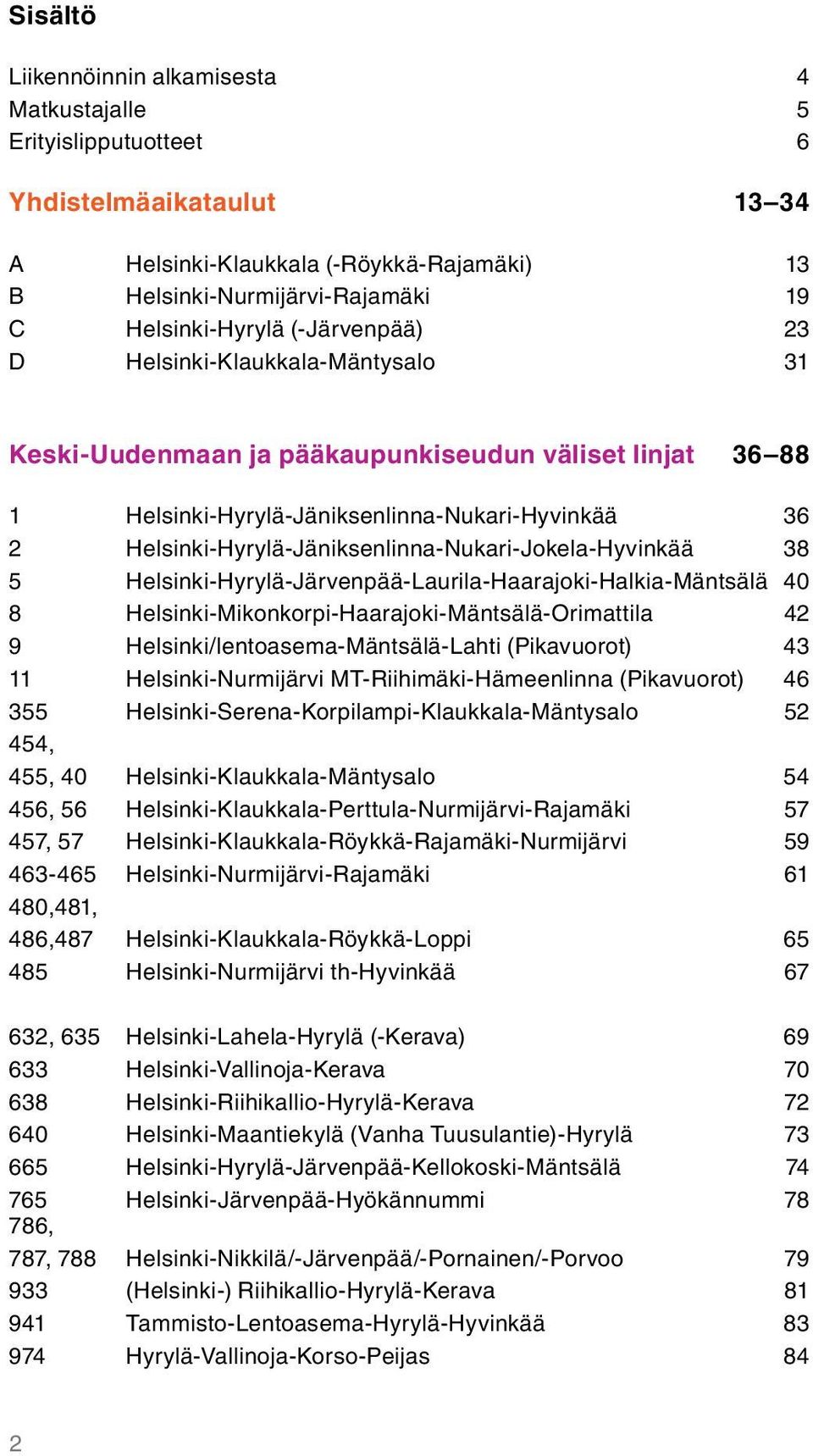 Helsinki-Hyrylä-Jäniksenlinna-Nukari-Jokela-Hyvinkää 38 5 Helsinki-Hyrylä-Järvenpää-Laurila-Haarajoki-Halkia-Mäntsälä 40 8 Helsinki-Mikonkorpi-Haarajoki-Mäntsälä-Orimattila 42 9