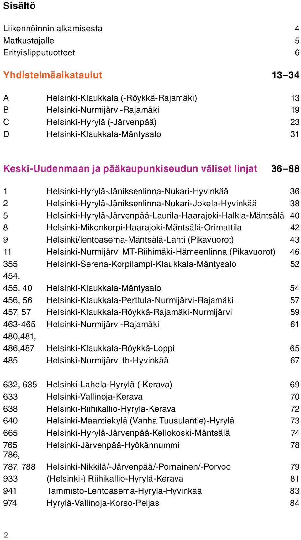 Helsinki-Hyrylä-Jäniksenlinna-Nukari-Jokela-Hyvinkää 38 5 Helsinki-Hyrylä-Järvenpää-Laurila-Haarajoki-Halkia-Mäntsälä 40 8 Helsinki-Mikonkorpi-Haarajoki-Mäntsälä-Orimattila 42 9