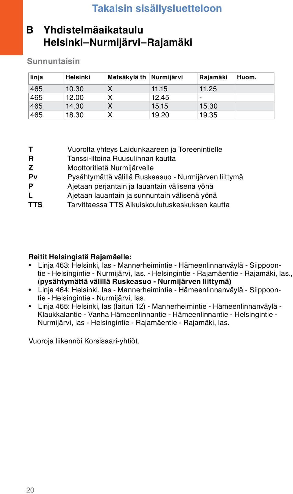 35 T R Z Pv P L TTS Vuorolta yhteys Laidunkaareen ja Toreenintielle Tanssi-iltoina Ruusulinnan kautta Moottoritietä Nurmijärvelle Pysähtymättä välillä Ruskeasuo - Nurmijärven liittymä Ajetaan