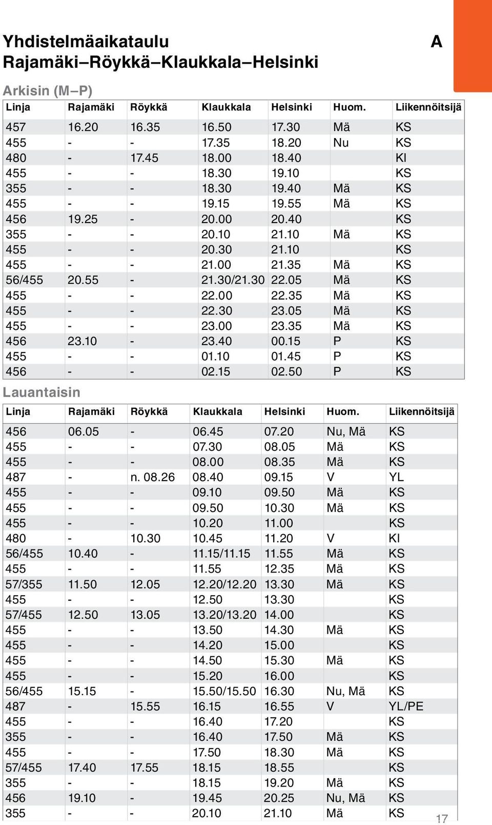 35 Mä KS 56/455 20.55-21.30/21.30 22.05 Mä KS 455 - - 22.00 22.35 Mä KS 455 - - 22.30 23.05 Mä KS 455 - - 23.00 23.35 Mä KS 456 23.10-23.40 00.15 P KS 455 - - 01.10 01.45 P KS 456 - - 02.15 02.