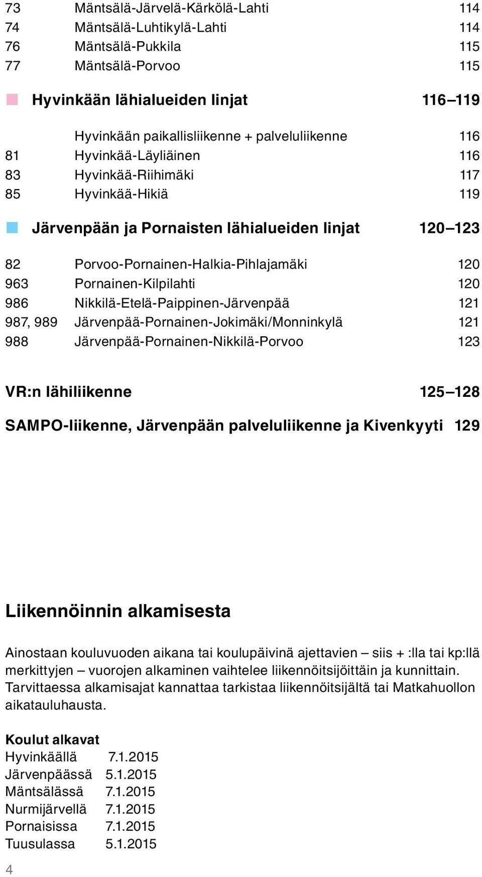 Pornainen-Kilpilahti 120 986 Nikkilä-Etelä-Paippinen-Järvenpää 121 987, 989 Järvenpää-Pornainen-Jokimäki/Monninkylä 121 988 Järvenpää-Pornainen-Nikkilä-Porvoo 123 VR:n lähiliikenne 125 128
