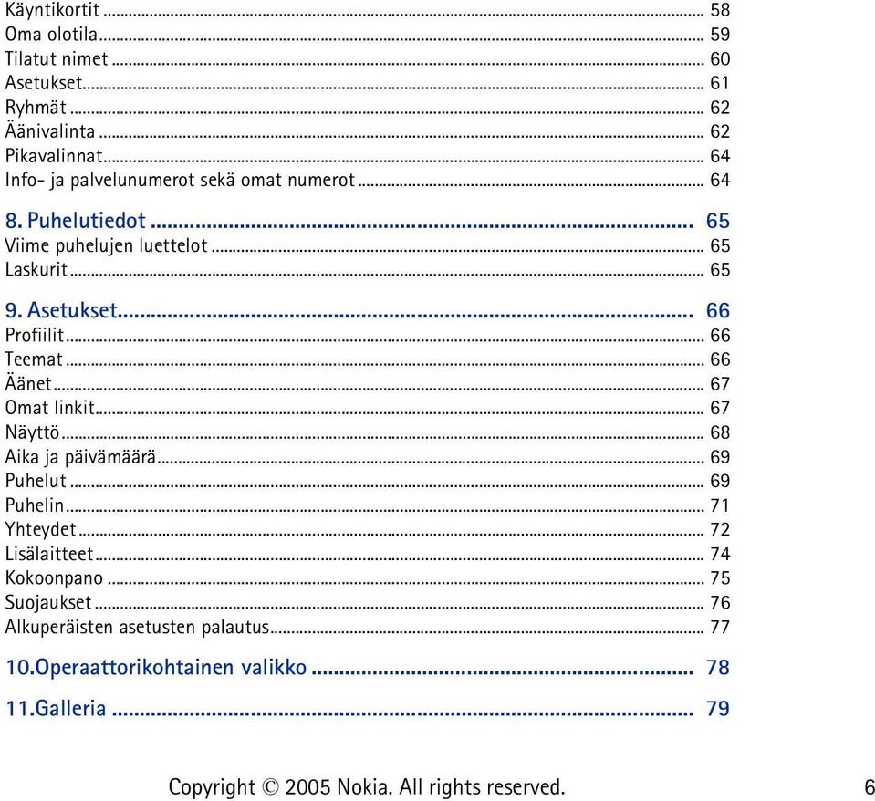 .. 66 Profiilit... 66 Teemat... 66 Äänet... 67 Omat linkit... 67 Näyttö... 68 Aika ja päivämäärä... 69 Puhelut... 69 Puhelin.