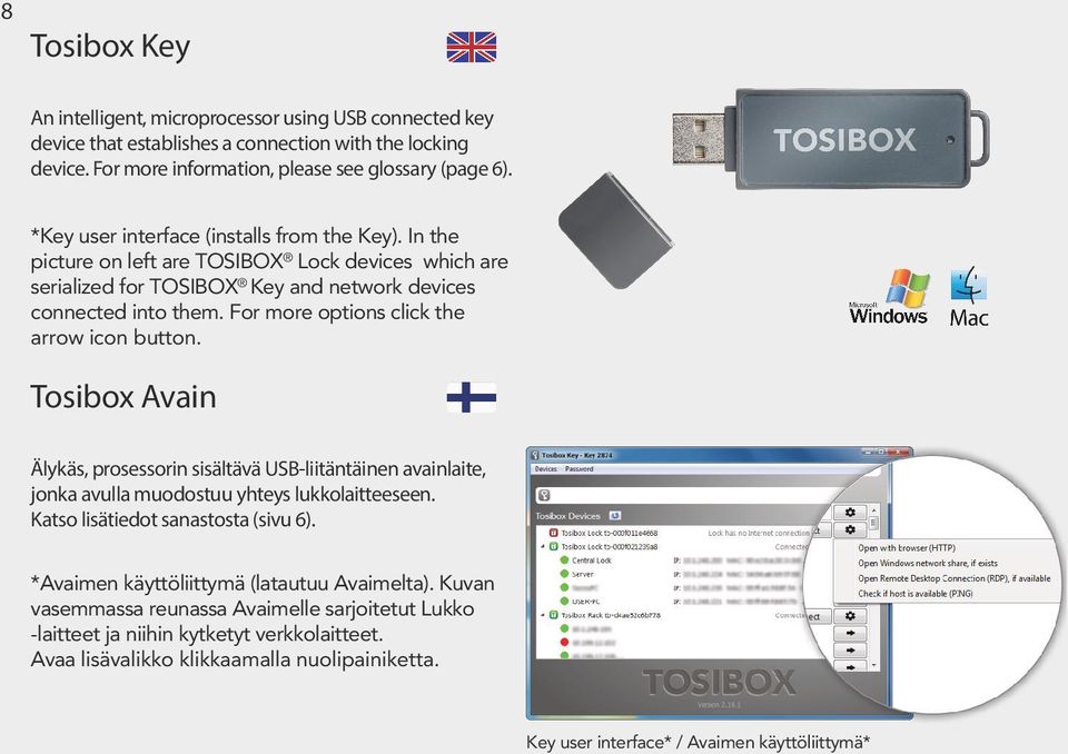 Changing the Lock settings via: Service port Tosibox encrypted VPN connection Local network Tosibox Lukko Lukkolaite, joka sisältää kaksi