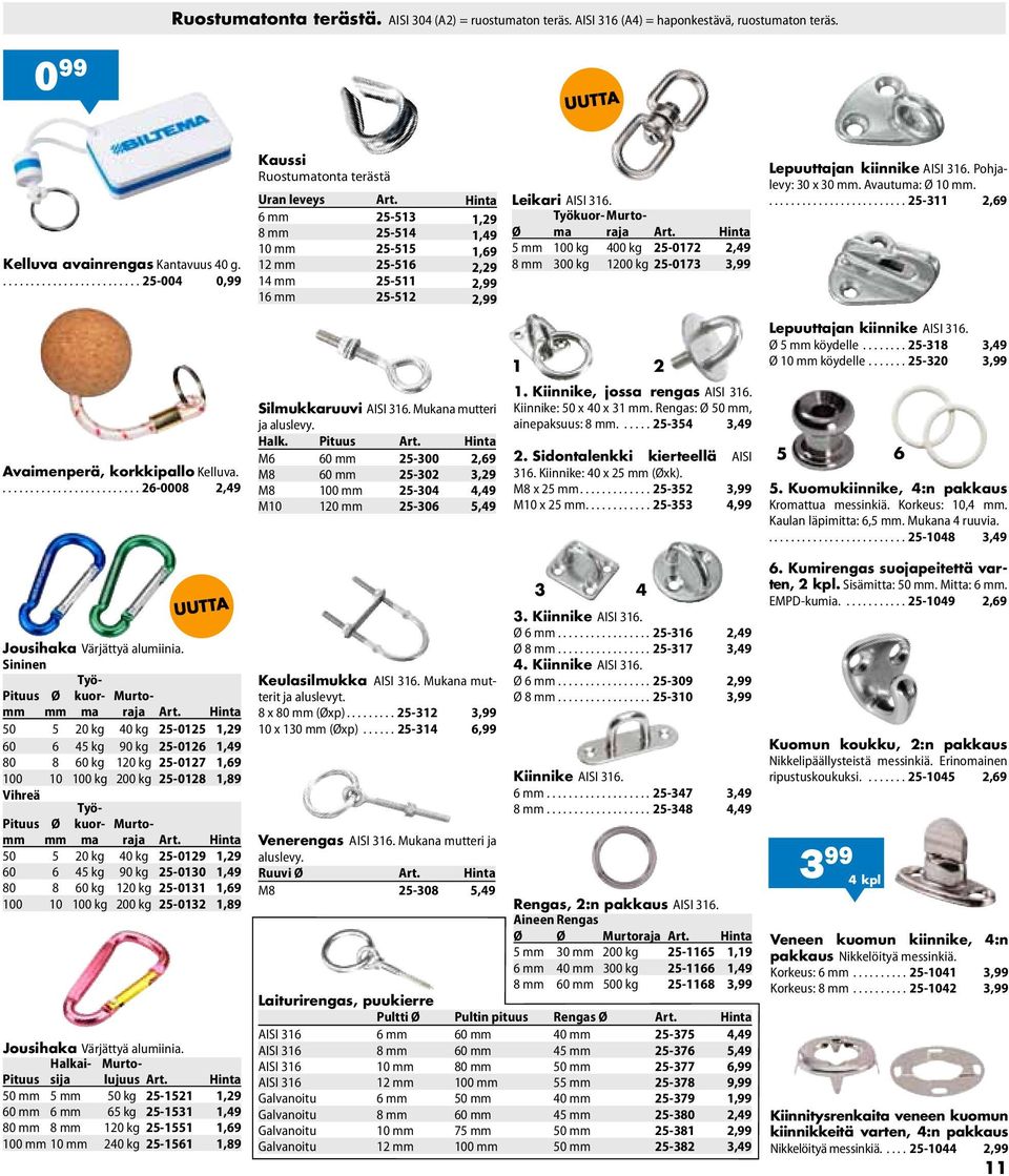 Hinta 6 mm 25-513 1,29 8 mm 25-514 1,49 10 mm 25-515 1,69 12 mm 25-516 2,29 14 mm 25-511 2,99 16 mm 25-512 2,99 Leikari AISI 316. Työkuormraja Murto- Ø Art.