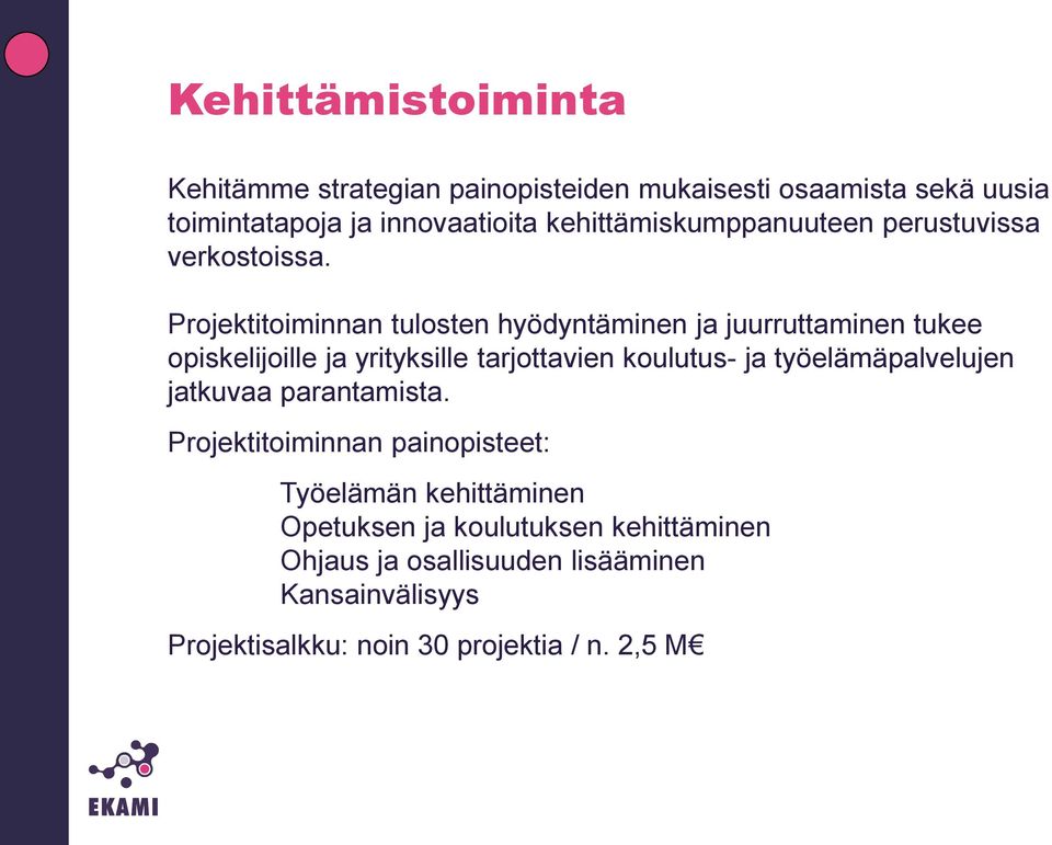 Projektitoiminnan tulosten hyödyntäminen ja juurruttaminen tukee opiskelijoille ja yrityksille tarjottavien koulutus- ja