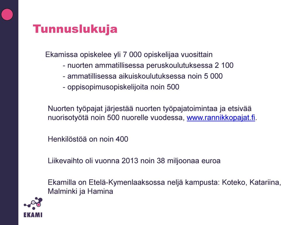 työpajatoimintaa ja etsivää nuorisotyötä noin 500 nuorelle vuodessa, www.rannikkopajat.fi.