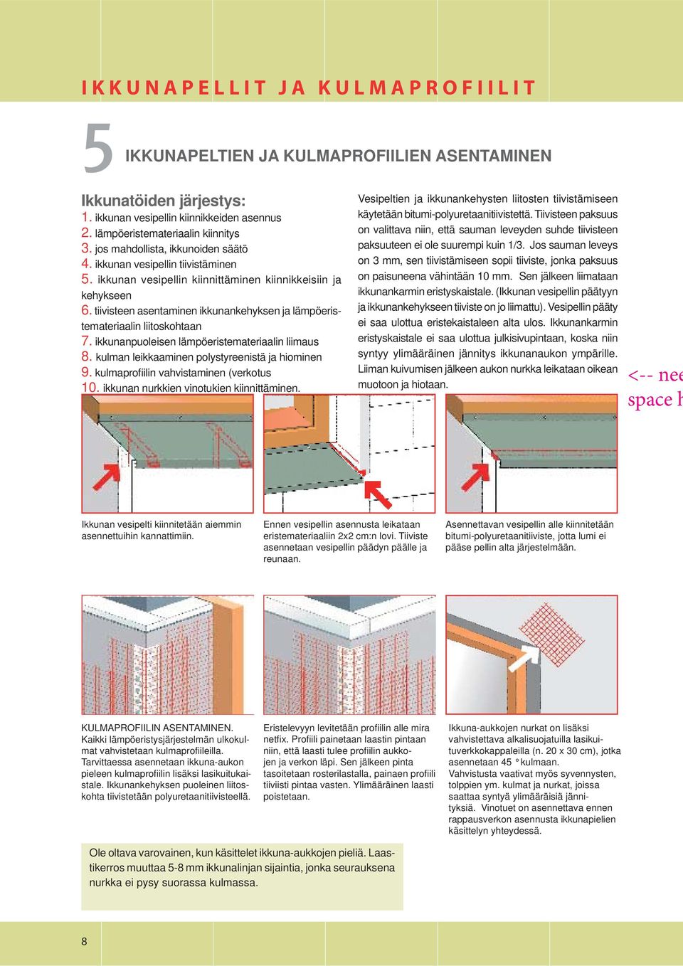 tiivisteen asentaminen ikkunankehyksen ja lämpöeristemateriaalin liitoskohtaan 7. ikkunanpuoleisen lämpöeristemateriaalin liimaus 8. kulman leikkaaminen polystyreenistä ja hiominen 9.