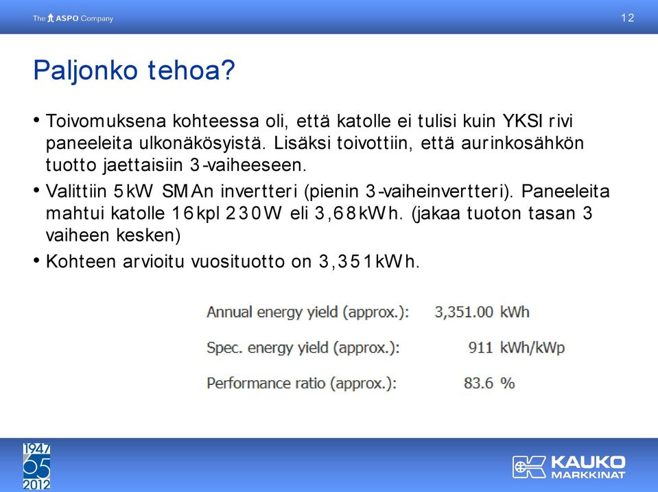 Lisäksi toivottiin, että aurinkosähkön tuotto jaettaisiin 3 -vaiheeseen.