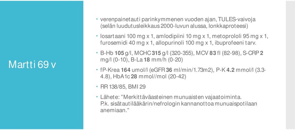 B-Hb 105 g/l, MCHC 315 g/l (320-355), MCV 83 fl (82-98), S-CRP 2 mg/l (0-10), B-La 18 mm/h (0-20) fp-krea 164 umol/l (egfr 36 ml/min/1.73m2), P-K 4.