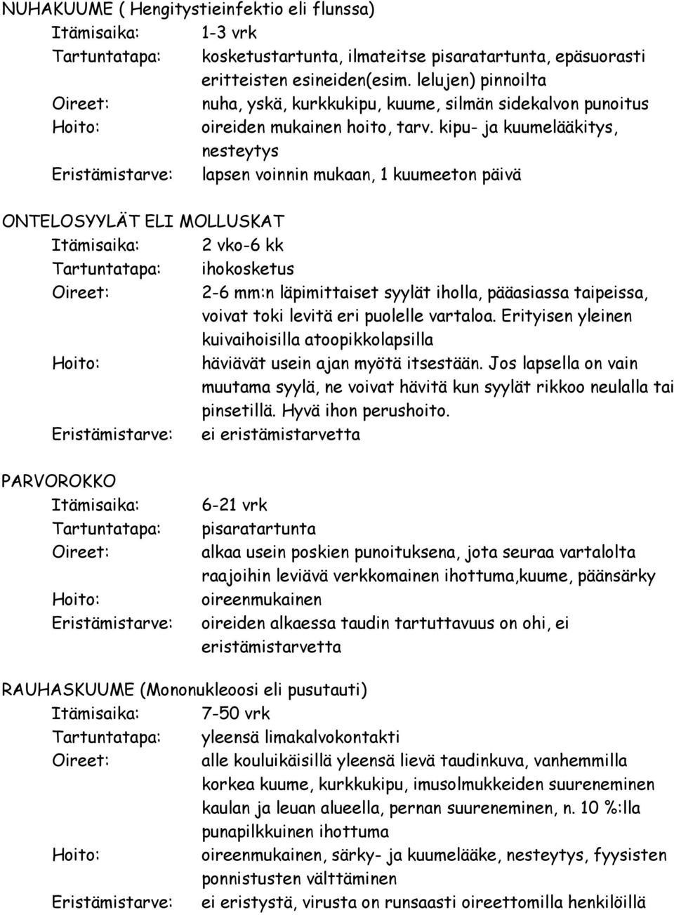 kipu- ja kuumelääkitys, nesteytys lapsen voinnin mukaan, 1 kuumeeton päivä ONTELOSYYLÄT ELI MOLLUSKAT 2 vko-6 kk ihokosketus 2-6 mm:n läpimittaiset syylät iholla, pääasiassa taipeissa, voivat toki