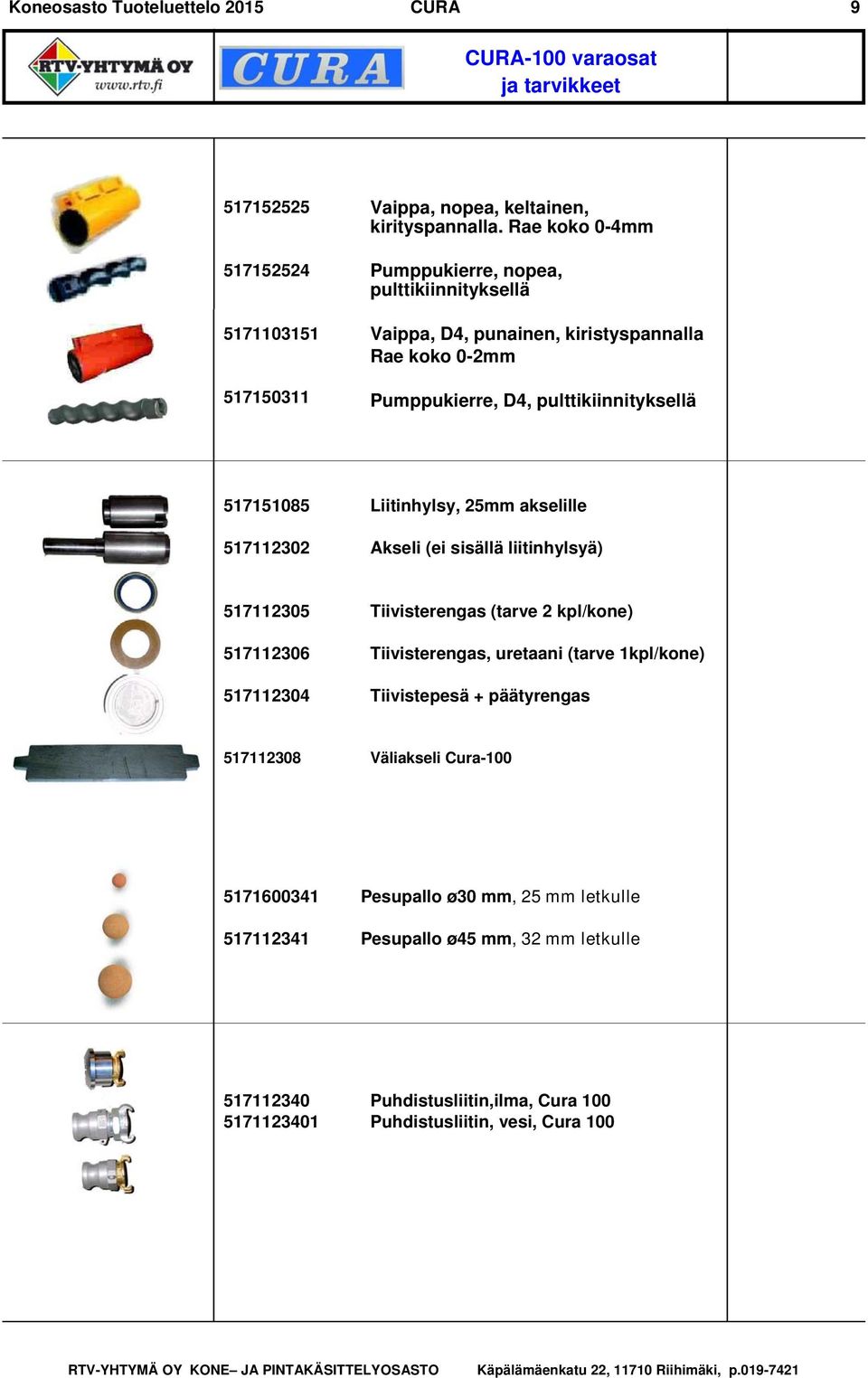 Liitinhylsy, 25mm akselille Akseli (ei sisällä liitinhylsyä) 517112305 517112306 517112304 Tiivisterengas (tarve 2 kpl/kone) Tiivisterengas, uretaani (tarve 1kpl/kone)