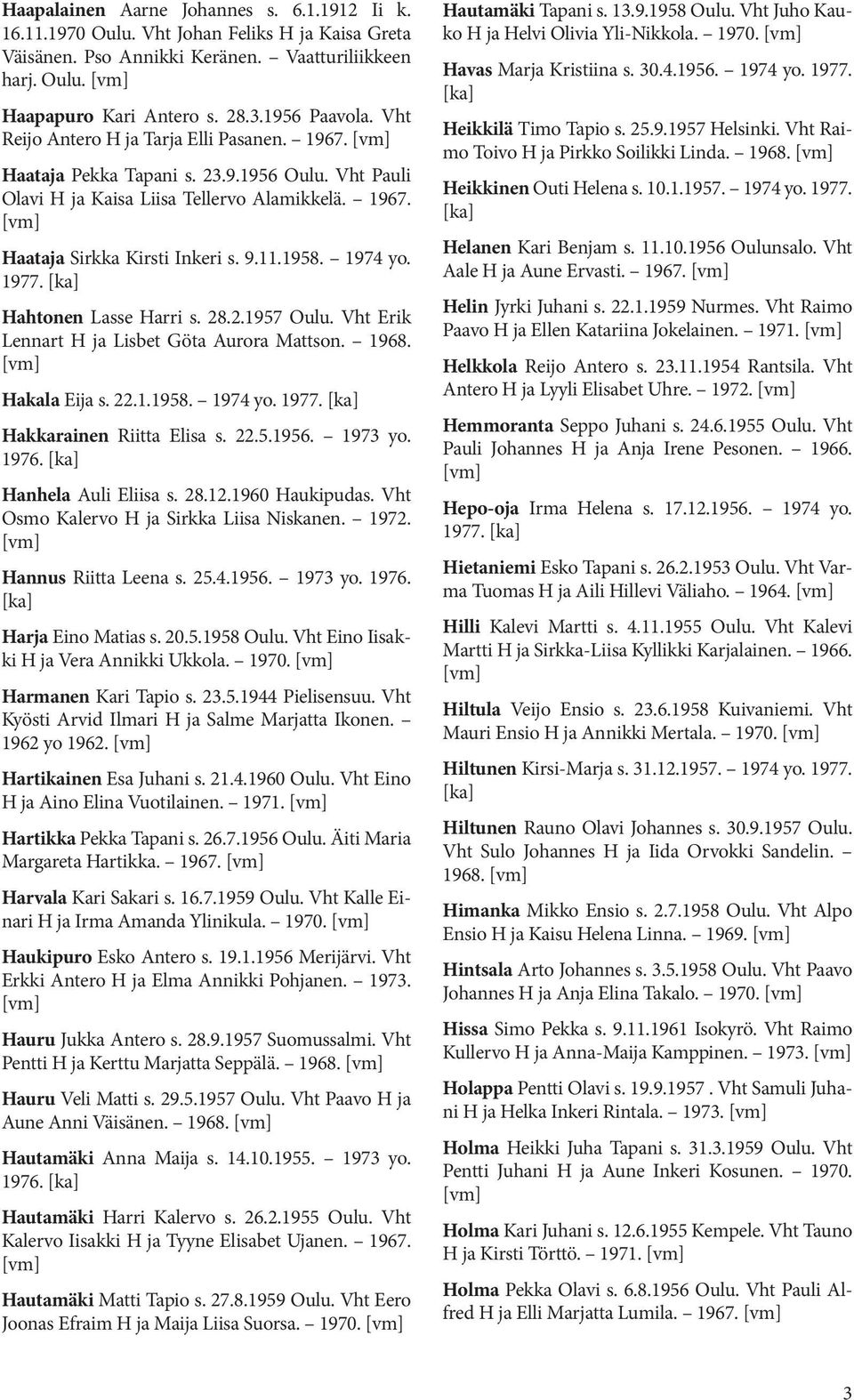 1977. Hahtonen Lasse Harri s. 28.2.1957 Oulu. Vht Erik Lennart H ja Lisbet Göta Aurora Mattson. 1968. Hakala Eija s. 22.1.1958. 1974 yo. 1977. Hakkarainen Riitta Elisa s. 22.5.1956. 1973 yo. 1976.
